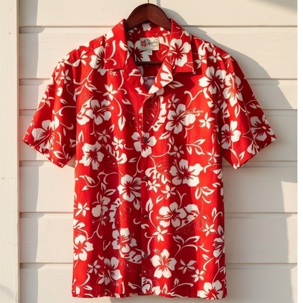 Hilo Hattie Hawaiian Original Red Hibiscus Aloha Shirt Mens Large Promo